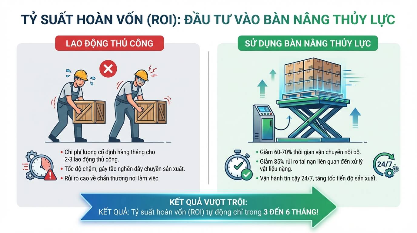 b&agrave;i to&aacute;n ho&agrave;n vốn ROI khi đầu tư b&agrave;n n&acirc;ng h&agrave;ng thủy lực cho nh&agrave; m&aacute;y