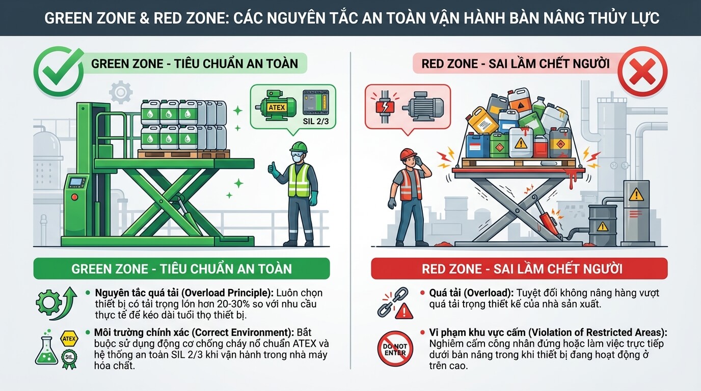 Cảnh b&aacute;o v&ugrave;ng đỏ rủi ro v&agrave; v&ugrave;ng xanh an to&agrave;n khi lắp đặt b&agrave;n n&acirc;ng hạ thủy lực