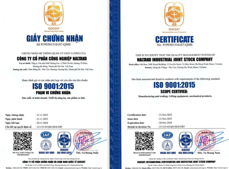 Giấy chứng nhận Naltako đạt chứng nhận ISO 9001:2015