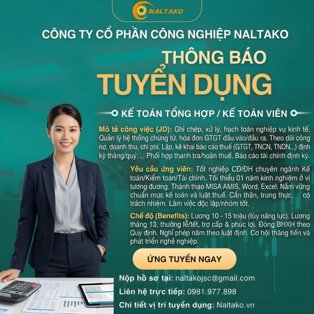 Naltako tuyển dụng nhân viên kế toán 