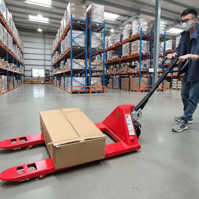 Hydraulic pallet truck in a modern warehouse