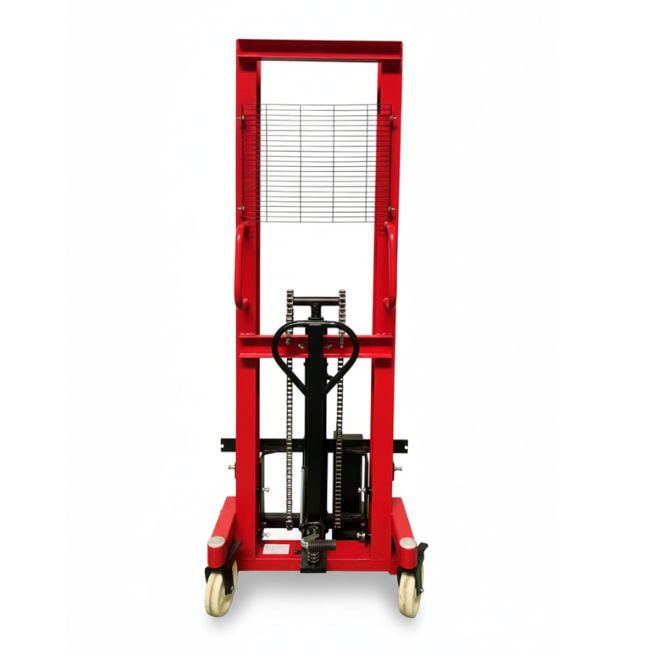 Hand stacker stacks pallets onto warehouse shelves safely